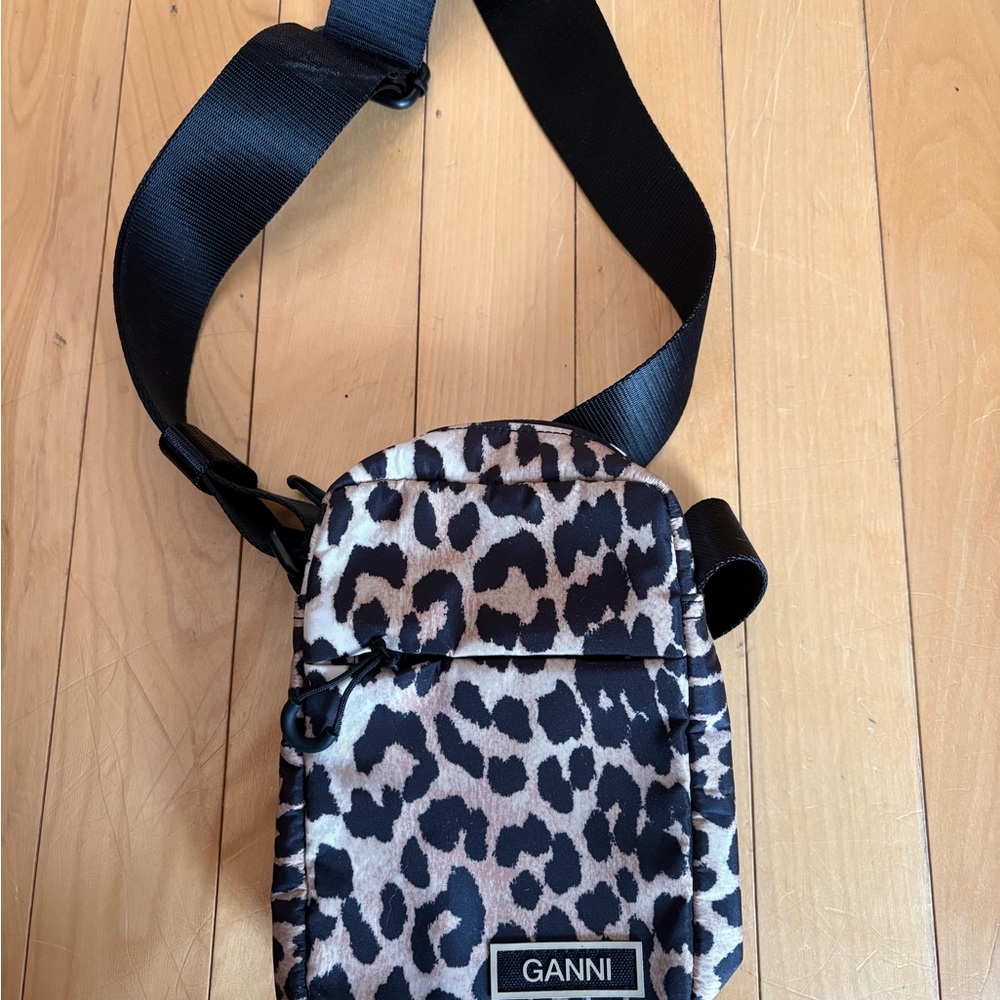 Ganni Animal Print Crossbody Bag with Black Strap